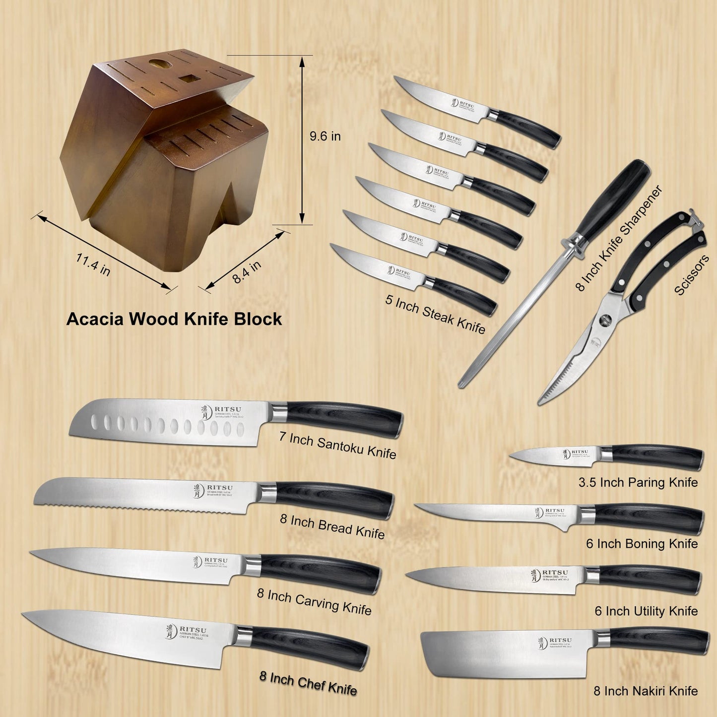 17 Pieces Professional Kitchen Knife Block Set