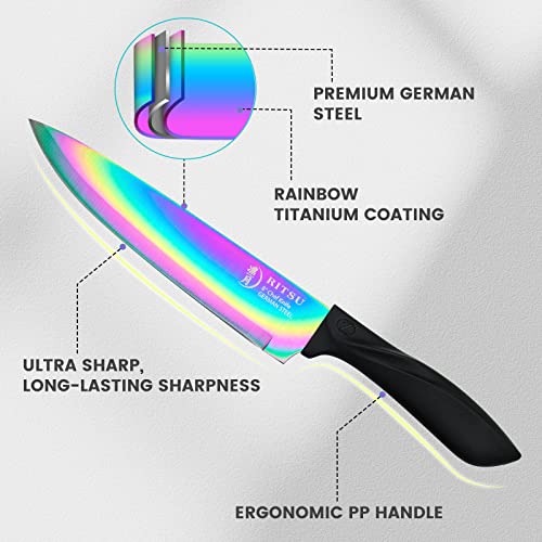 Rainbow Titanium Knife Set, Sharp Stainless Steel Knives Set with Acrylic  Block,Sharpener, 6 Steak Knives, Cutlery Knife Block Set, Chef Quality for