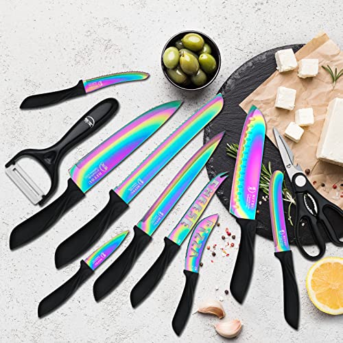 Rainbow Titanium Knife Set, Sharp Stainless Steel Knives Set with Acrylic  Block,Sharpener, 6 Steak Knives, Cutlery Knife Block Set, Chef Quality for