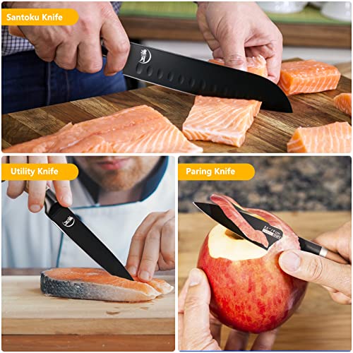 Ritsu Knife Set, 12 Pieces Kitchen Knife Set with Block, Ultra Sharp German Steel Knife Block Set, 6pcs Serrated Steak Knives, Hollow Handle for