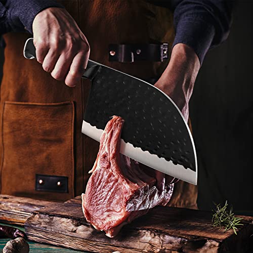 Meat Cleaver Knife Heavy Duty, 6 inch Full Tang Sharp Serbian Chef Knife,  High Carbon Steel Cutting Knife with Leather Sheath for Kitchen Camping BBQ  