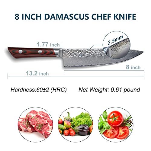 YOUSUNLONG Chef Knife 8 Inch - Japanese Hammered Damascus Steel  Professional Kitchen Knives - Razor Sharp - American Walnut Handle with  Leather Sheath